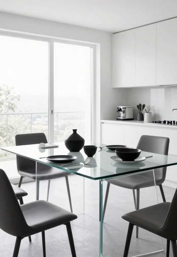 18 Glass Kitchen Table Ideas With Elegant Finish - 13. Minimalist Glass Table with Monochrome Decor 1