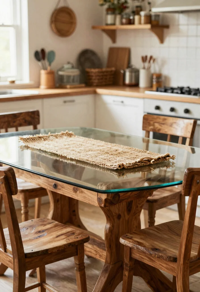 18 Glass Kitchen Table Ideas With Elegant Finish - 14. Glass Table with Rustic Charm 1
