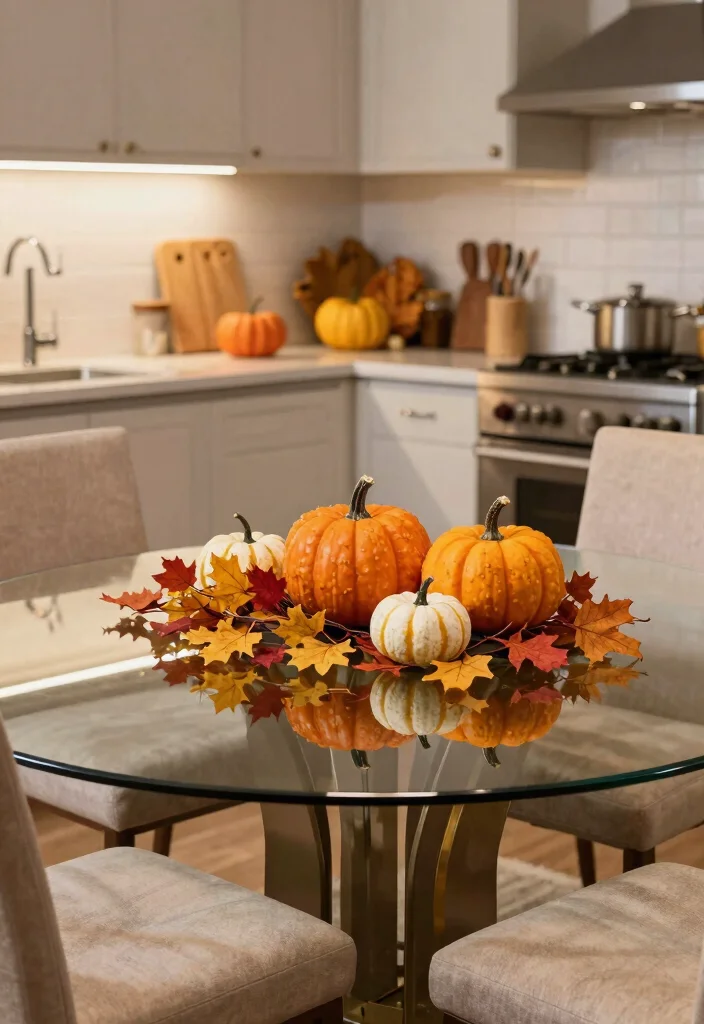 18 Glass Kitchen Table Ideas With Elegant Finish - 15. Glass Table with Seasonal Decor 1