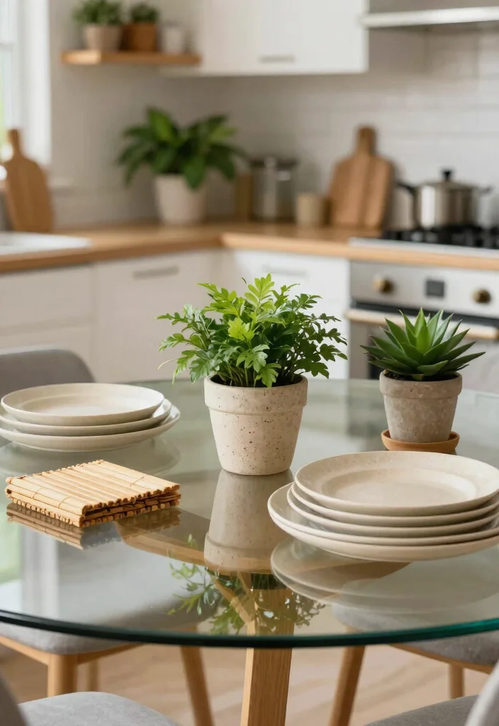 18 Glass Kitchen Table Ideas With Elegant Finish - 16. Glass Table with Eco-Friendly Accents 1