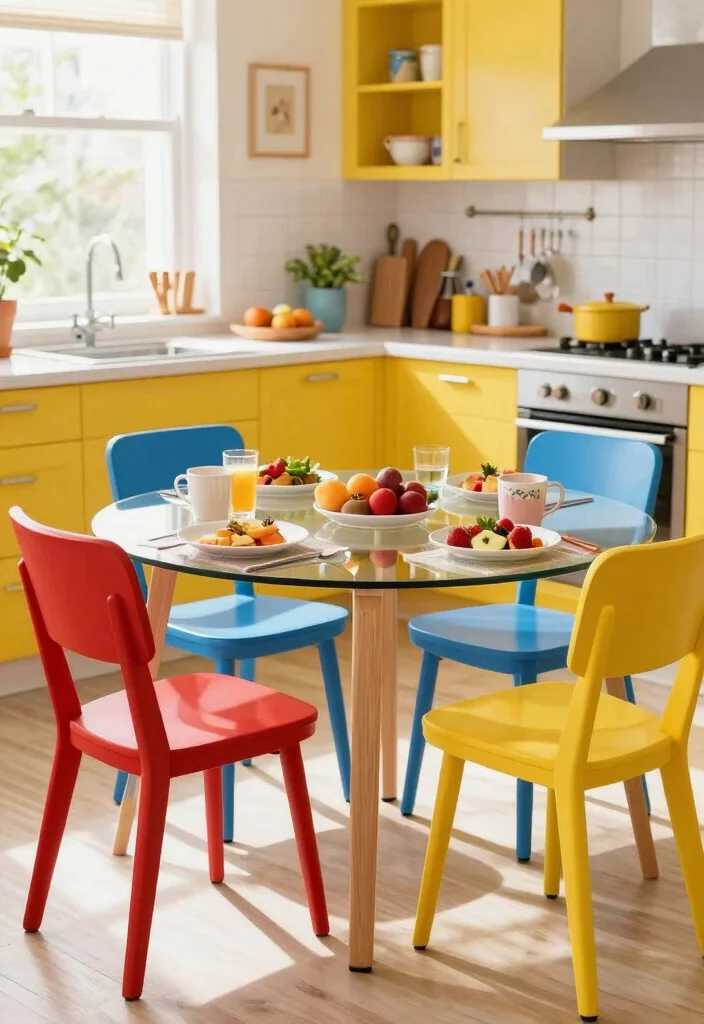 18 Glass Kitchen Table Ideas With Elegant Finish - 3. Glass Table with Colorful Chairs 1