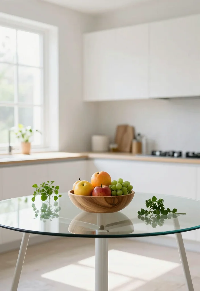 18 Glass Kitchen Table Ideas With Elegant Finish - 4. Minimalist Glass Table with Natural Elements 1