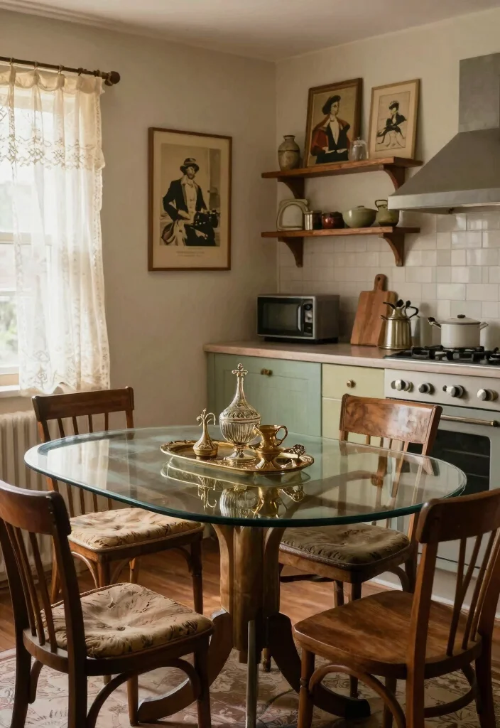 18 Glass Kitchen Table Ideas With Elegant Finish - 6. Glass Table with Vintage Accents 1