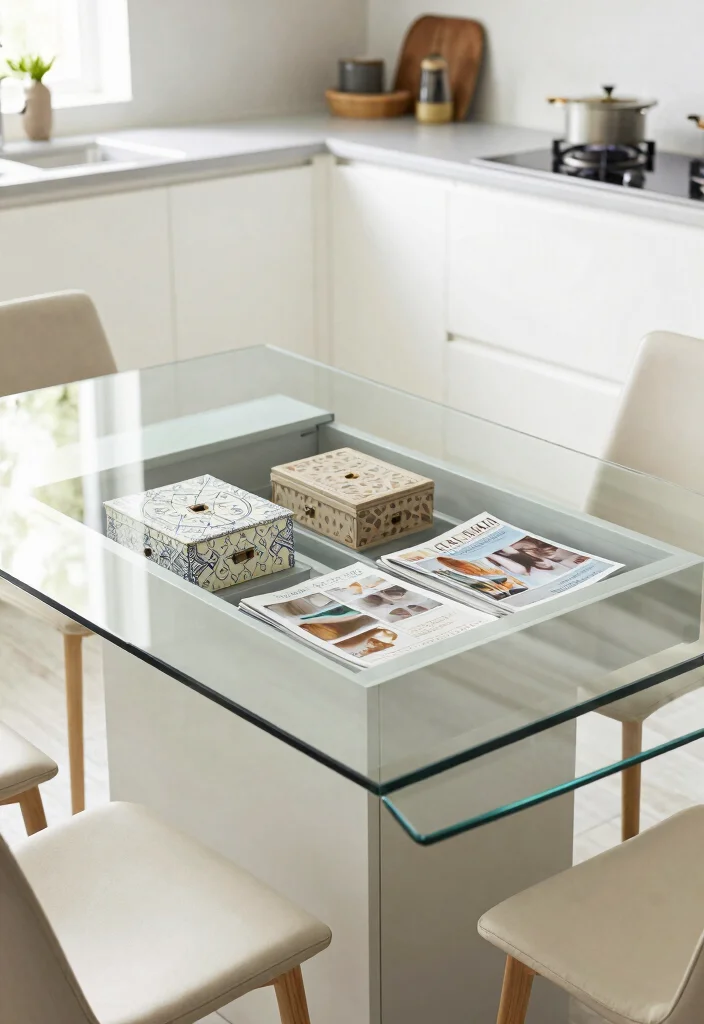 18 Glass Kitchen Table Ideas With Elegant Finish - 9. Glass Table with Integrated Storage 1