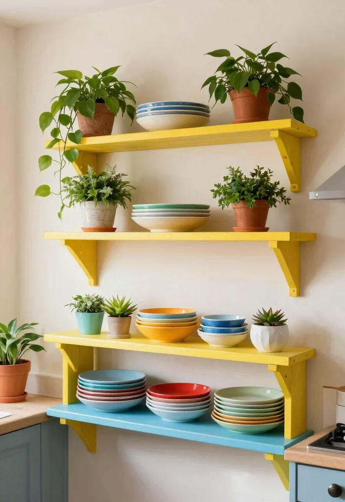 18 Kitchen Wooden Shelves Ideas With Natural Warmth 10 18 Kitchen Wooden Shelves Ideas With Natural Warmth - 10. Colorful Painted Wooden Shelves 1
