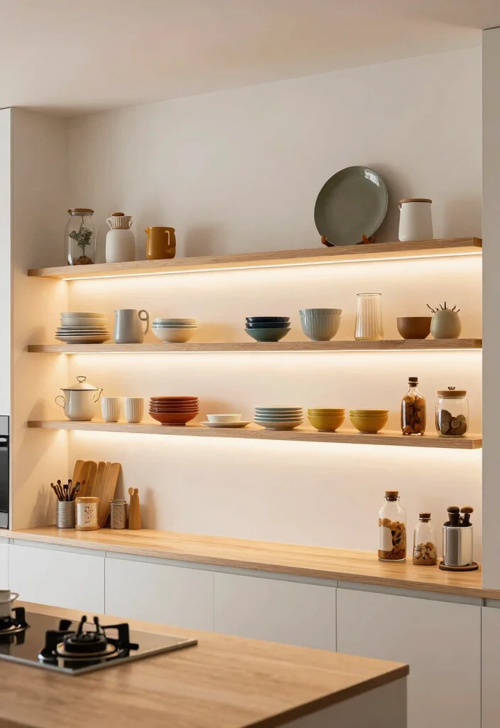 18 Kitchen Wooden Shelves Ideas With Natural Warmth 11 18 Kitchen Wooden Shelves Ideas With Natural Warmth - 11. Shelves with Integrated Lighting 1