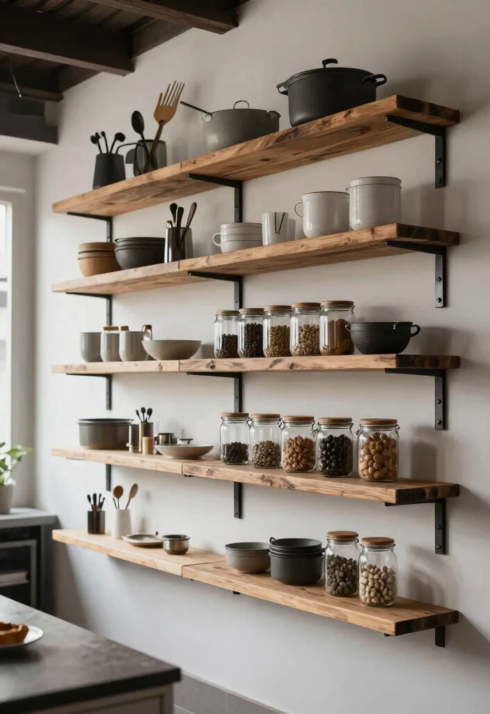 18 Kitchen Wooden Shelves Ideas With Natural Warmth 12 18 Kitchen Wooden Shelves Ideas With Natural Warmth - 12. Industrial Style Wooden Shelves 1