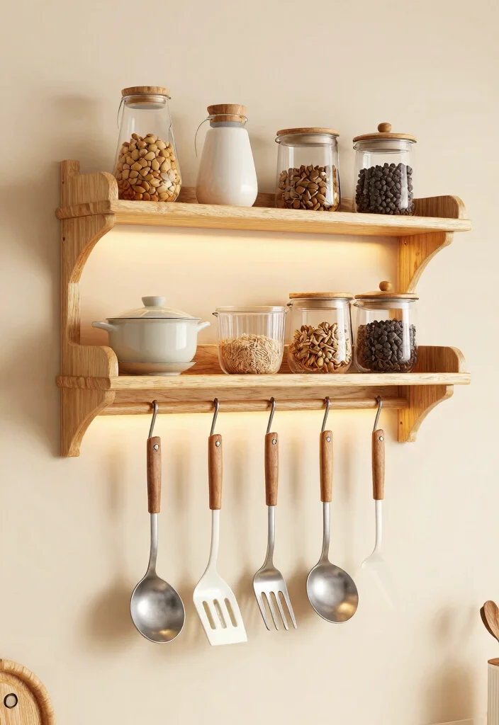 18 Kitchen Wooden Shelves Ideas With Natural Warmth 13 18 Kitchen Wooden Shelves Ideas With Natural Warmth - 13. Dual Purpose Shelves with Hooks 1
