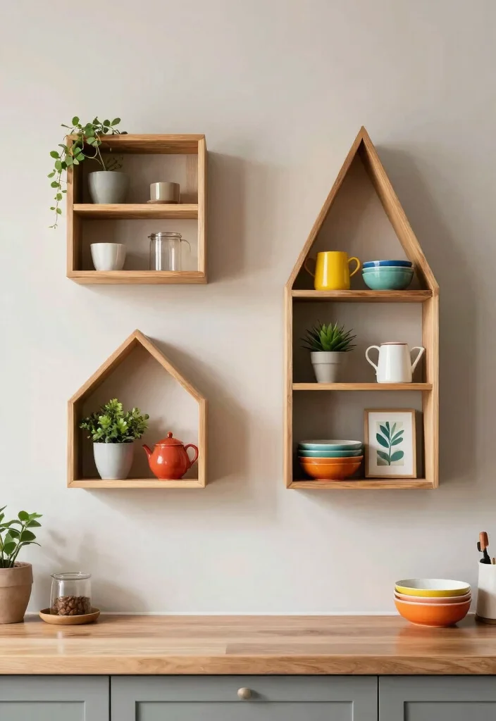 18 Kitchen Wooden Shelves Ideas With Natural Warmth 17 18 Kitchen Wooden Shelves Ideas With Natural Warmth - 17. Decorative Wooden Shelves with Unique Shapes 1