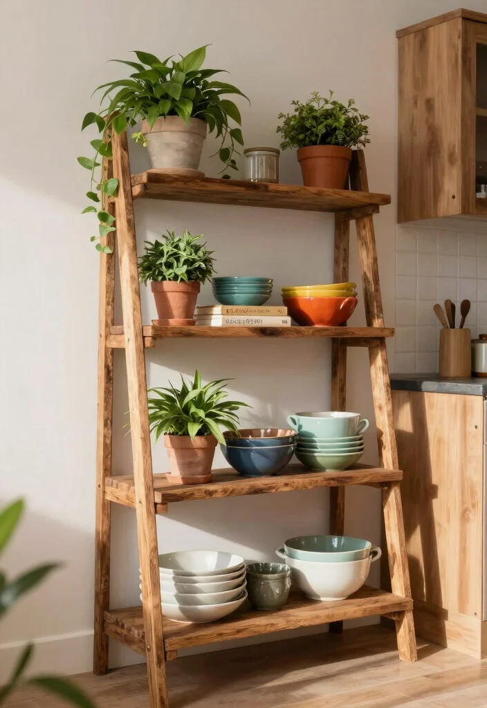 18 Kitchen Wooden Shelves Ideas With Natural Warmth 6 18 Kitchen Wooden Shelves Ideas With Natural Warmth - 6. Rustic Ladder Shelves for a Unique Touch 1