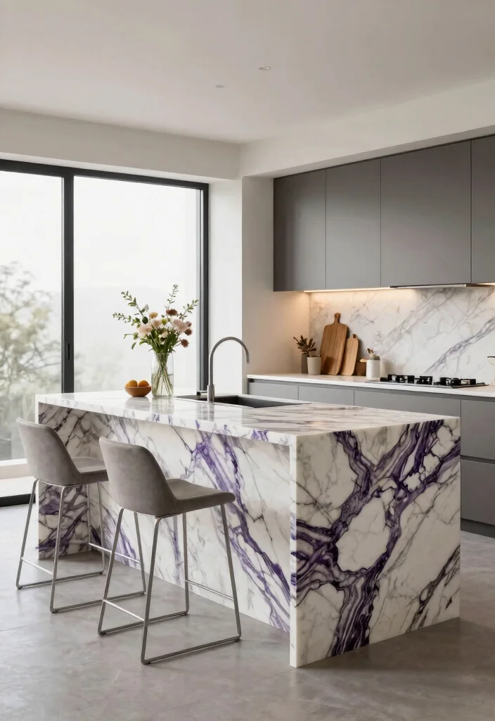 18 Viola Marble Kitchen Ideas With Luxurious Veining 1 18 Viola Marble Kitchen Ideas With Luxurious Veining - 1. Bold Centerpiece Island 1