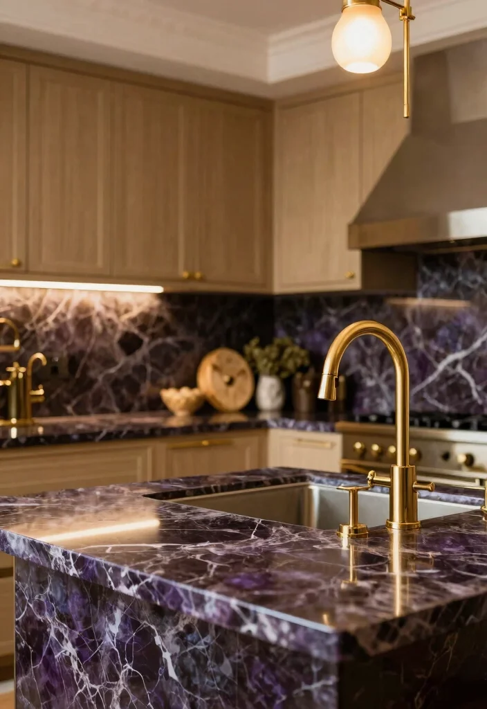 18 Viola Marble Kitchen Ideas With Luxurious Veining 12 18 Viola Marble Kitchen Ideas With Luxurious Veining - 12. Voila Marble with Gold Accents 1