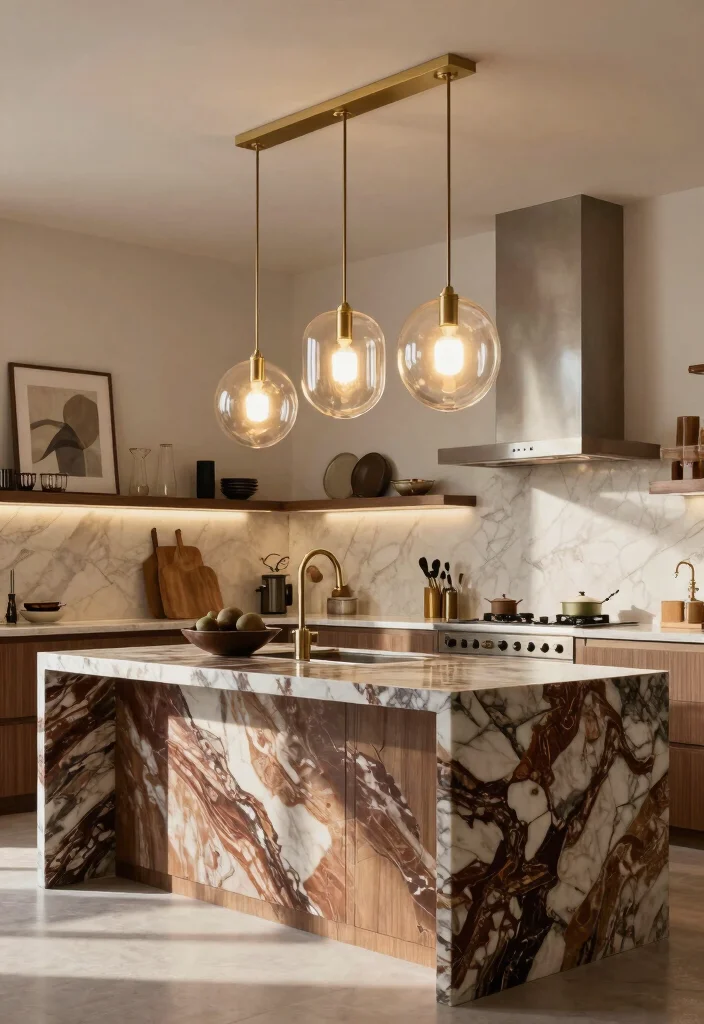 18 Viola Marble Kitchen Ideas With Luxurious Veining 13 18 Viola Marble Kitchen Ideas With Luxurious Veining - 13. Viola Marble with Statement Light Fixtures 1