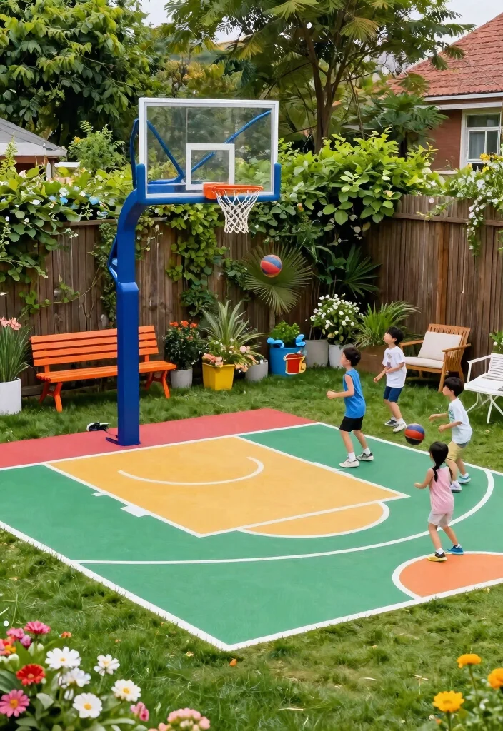 10 Basketball Court Backyard Ideas That Fit Tight Spaces on a Budget - 1. Mini Basketball Court with Adjustable Hoop 1