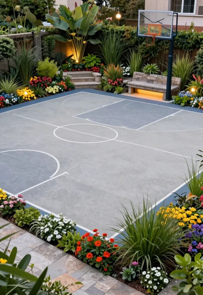 10 Basketball Court Backyard Ideas That Fit Tight Spaces on a Budget - 8. Incorporating Basketball into Landscaping 1