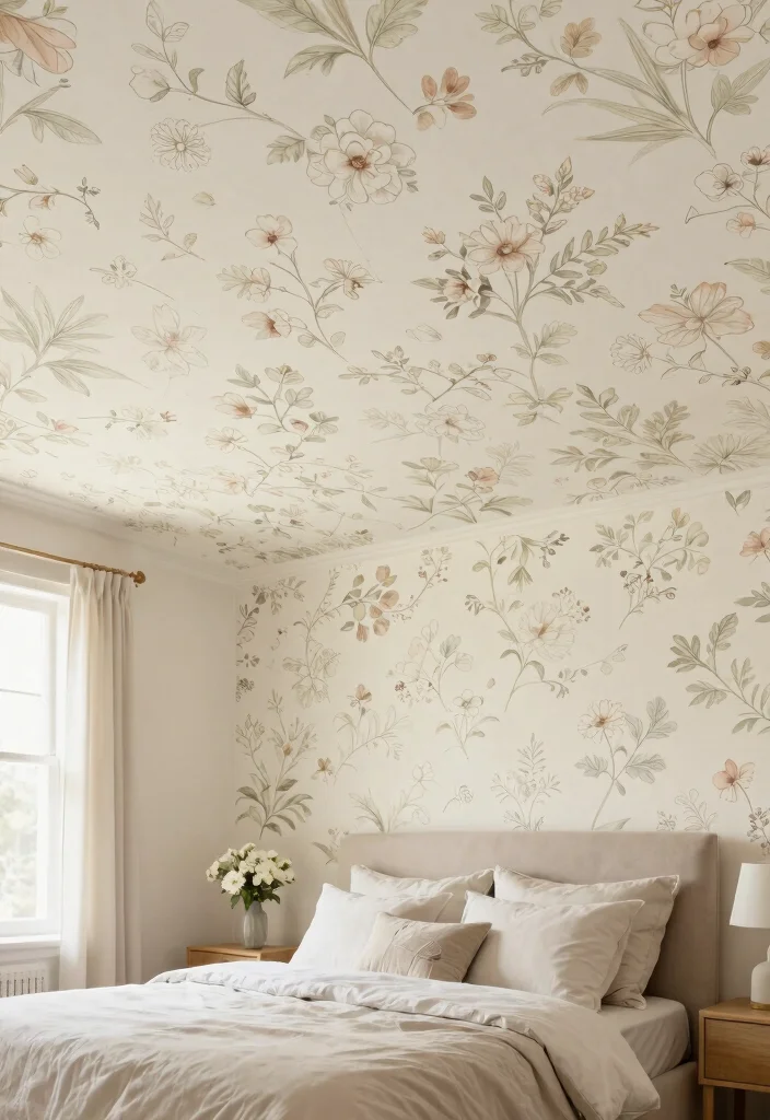 12 Ceiling Wallpaper Ideas for Bedrooms That Don't Feel Overwhelming - 1. Delicate Floral Prints 1