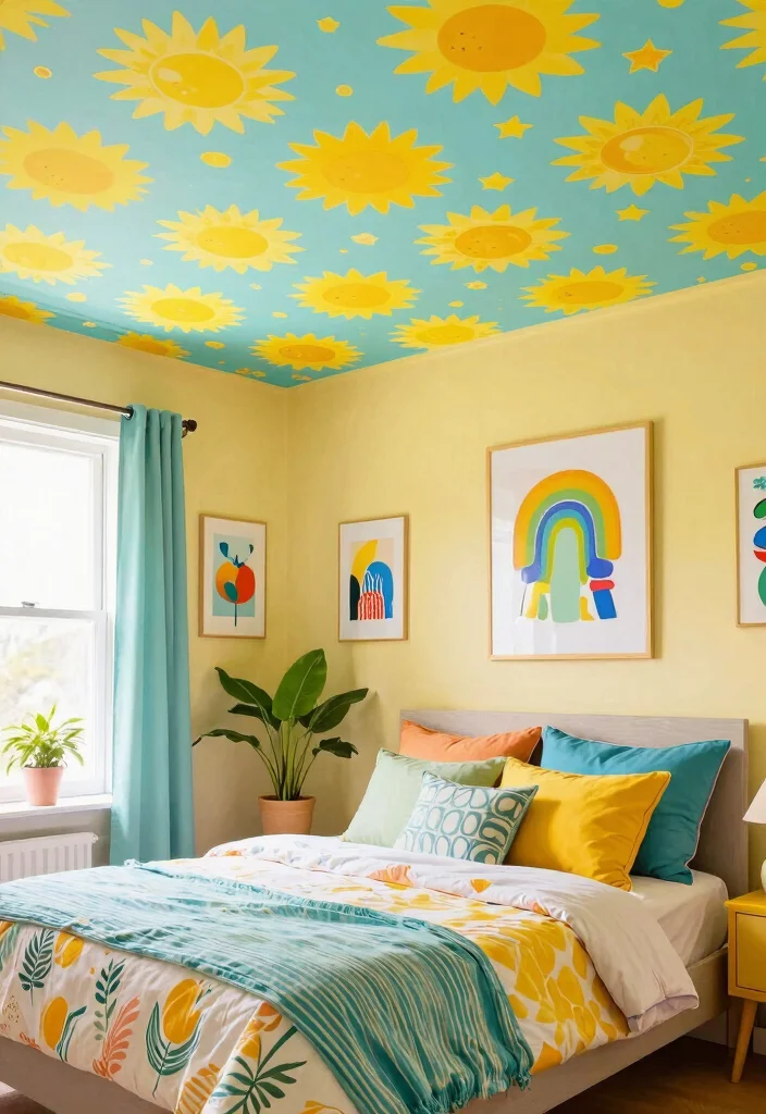 12 Ceiling Wallpaper Ideas for Bedrooms That Don't Feel Overwhelming - 12. Bright and Cheerful Patterns 1