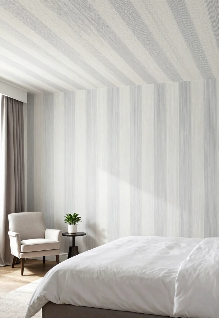 12 Ceiling Wallpaper Ideas for Bedrooms That Don't Feel Overwhelming - 5. Soft Textured Stripes 1