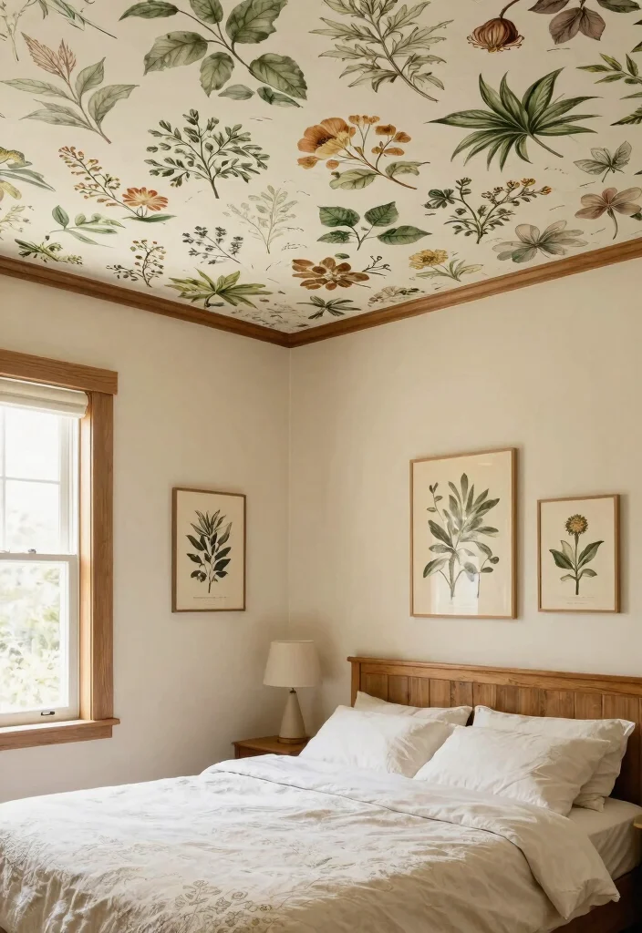 12 Ceiling Wallpaper Ideas for Bedrooms That Don't Feel Overwhelming - 6. Vintage Botanical Illustrations 1