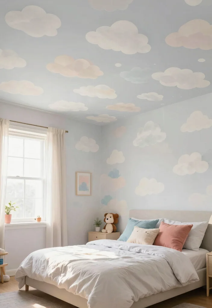 12 Ceiling Wallpaper Ideas for Bedrooms That Don't Feel Overwhelming - 7. Whimsical Clouds 1