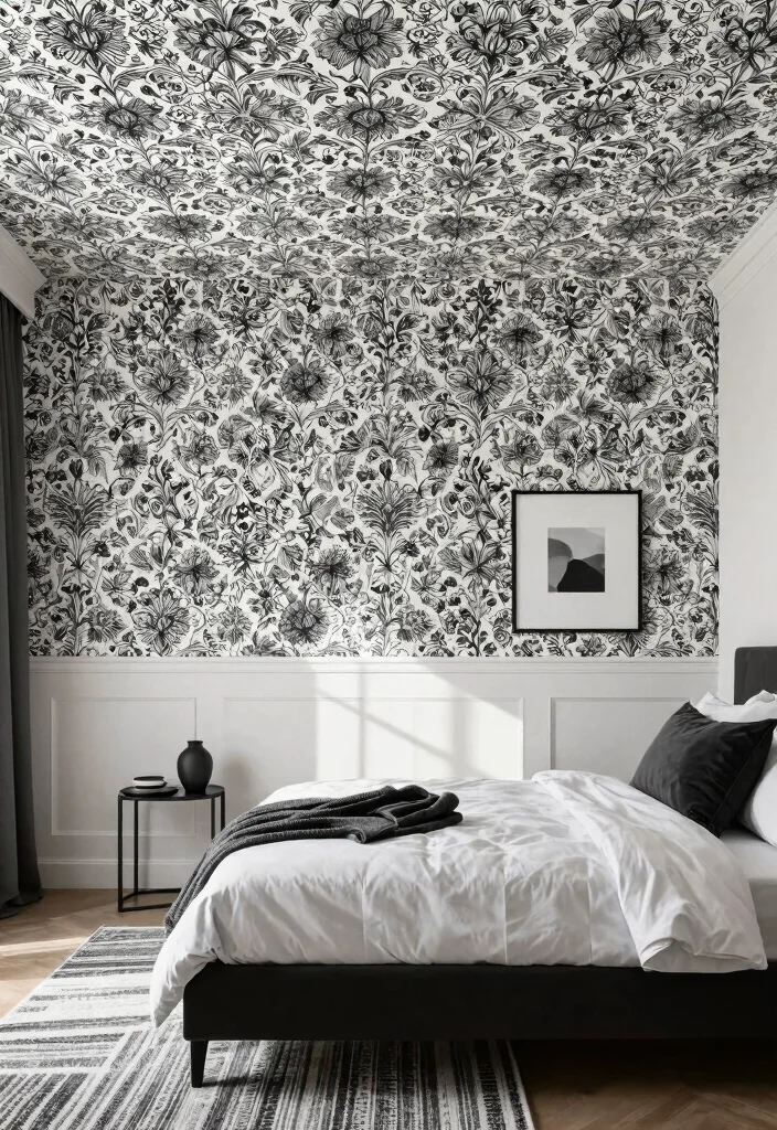12 Ceiling Wallpaper Ideas for Bedrooms That Don't Feel Overwhelming - 8. Elegant Monochrome Patterns 1