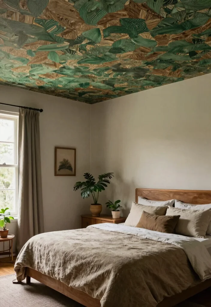 12 Ceiling Wallpaper Ideas for Bedrooms That Don't Feel Overwhelming - 9. Earthy Tones and Textures 1
