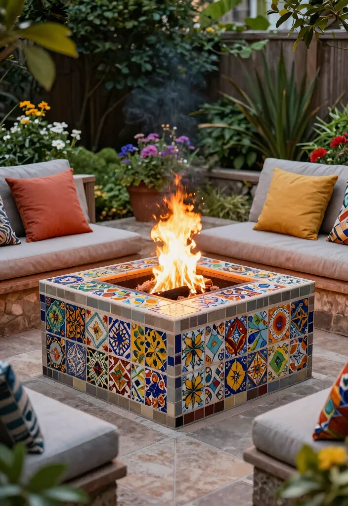 12 Home Fire Pit Ideas That Are Safe for Small Backyards - 11. Mosaic Tile Fire Pit 1