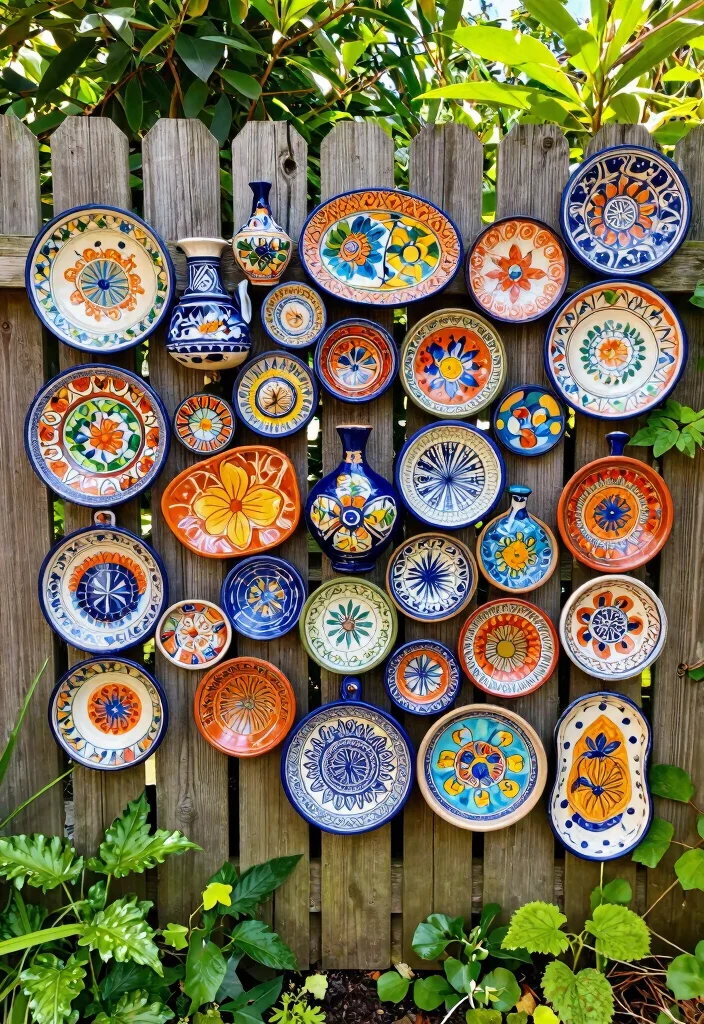12 Outdoor Wall Art Ideas That Won't Fade or Rust in Direct Sun - 9. Colorful Pottery Wall Art 1