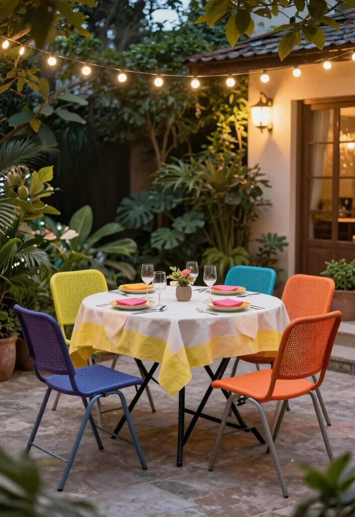 12 Patio Dining Table Ideas That Seat Six in a Small Space - 2. Folding Table with Mesh Chairs 1