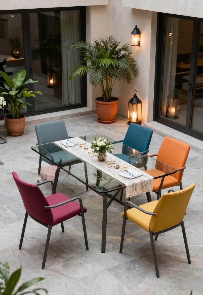 12 Patio Dining Table Ideas That Seat Six in a Small Space - 4. Sleek Glass Table 1