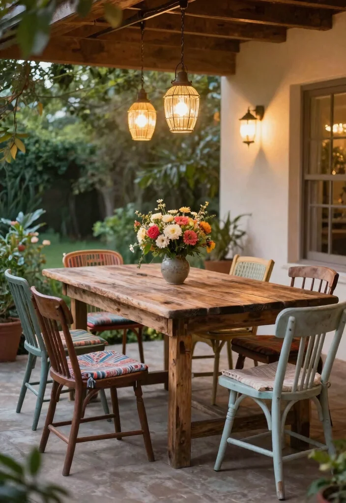 12 Patio Dining Table Ideas That Seat Six in a Small Space - 7. Vintage Farmhouse Table 1