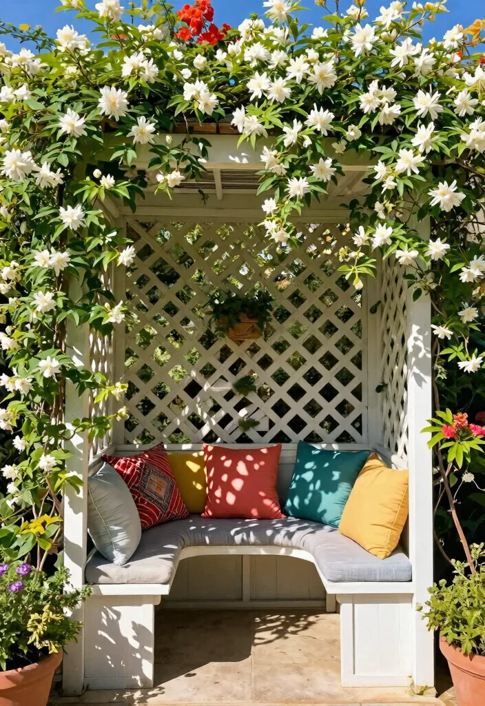 12 Trellis Ideas for Privacy Climbing Vines That Block Neighbors - 11. Trellis with Built-in Seating 1