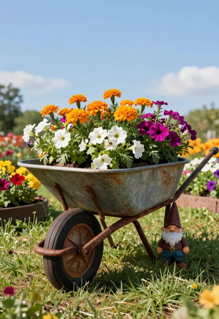 12 Wheelbarrow Planter Ideas That Drain Well and Don't Rust Out - 1. Vintage Rustic Wheelbarrow 1