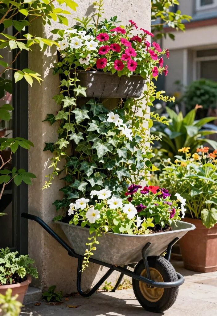 12 Wheelbarrow Planter Ideas That Drain Well and Don't Rust Out - 10. Vertical Wheelbarrow Planter 1