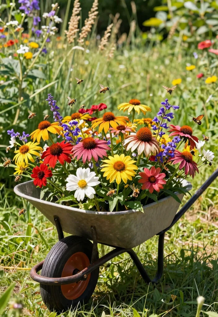 12 Wheelbarrow Planter Ideas That Drain Well and Don't Rust Out - 11. Wheelbarrow for Pollinator Plants 1