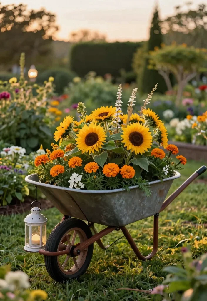 12 Wheelbarrow Planter Ideas That Drain Well and Don't Rust Out - 12. Decorative Wheelbarrow Centerpiece 1
