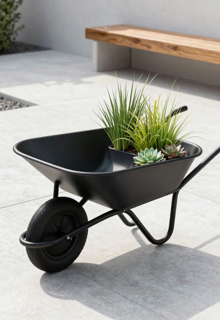 12 Wheelbarrow Planter Ideas That Drain Well and Don't Rust Out - 2. Modern Minimalist Wheelbarrow 1