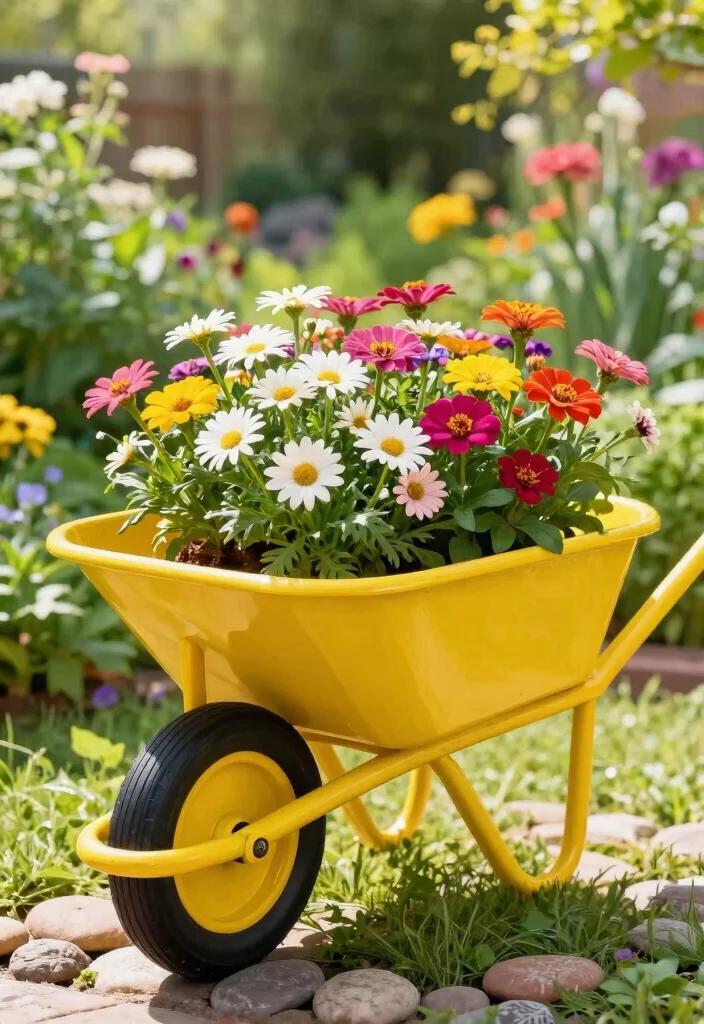 12 Wheelbarrow Planter Ideas That Drain Well and Don't Rust Out - 3. Colorful Painted Wheelbarrow 1
