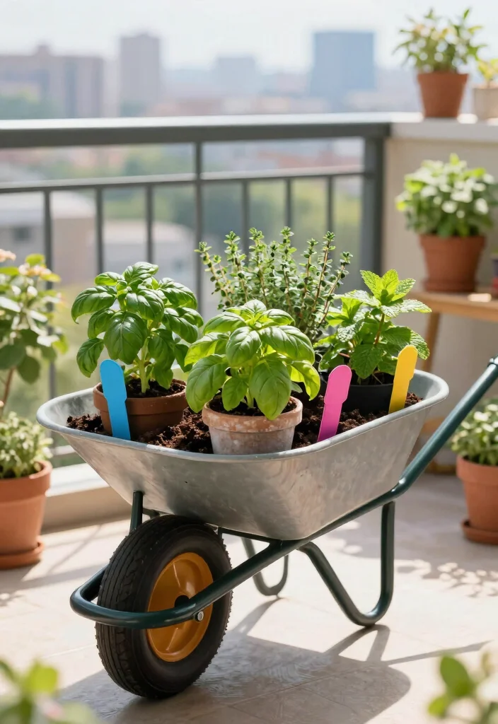 12 Wheelbarrow Planter Ideas That Drain Well and Don't Rust Out - 4. Herb Garden Wheelbarrow 1