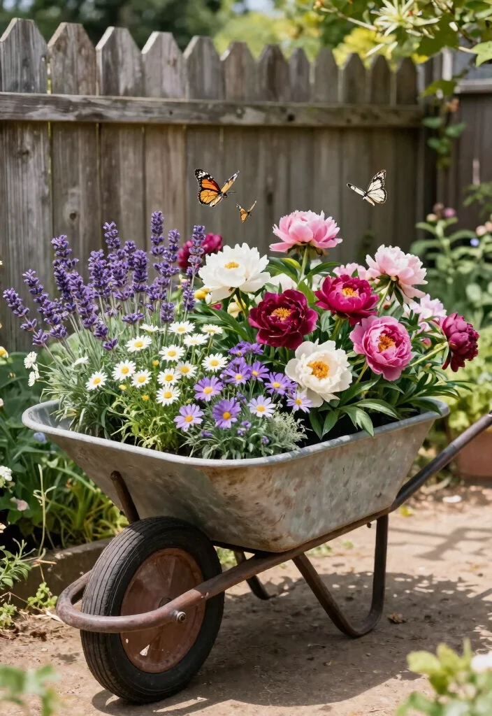 12 Wheelbarrow Planter Ideas That Drain Well and Don't Rust Out - 6. Flowerbed Wheelbarrow 1