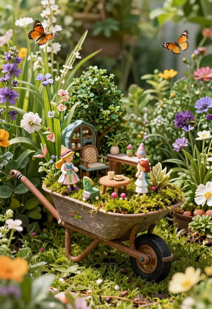12 Wheelbarrow Planter Ideas That Drain Well and Don't Rust Out - 7. Whimsical Fairy Garden Wheelbarrow 1