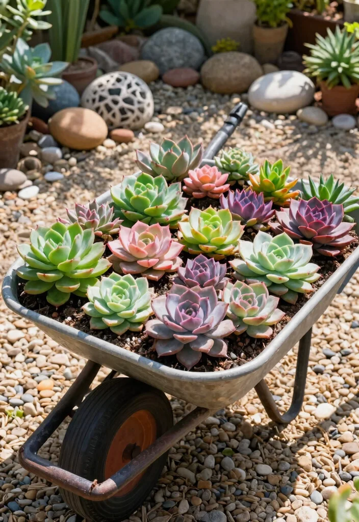 12 Wheelbarrow Planter Ideas That Drain Well and Don't Rust Out - 8. Wheelbarrow Succulent Garden 1