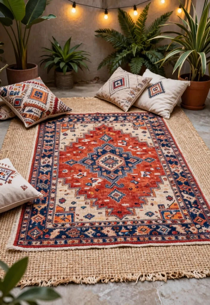 14 Boho Patio Decor Ideas on a Budget That Actually Look High-End - 1. Layered Textures with a Boho Rug 1