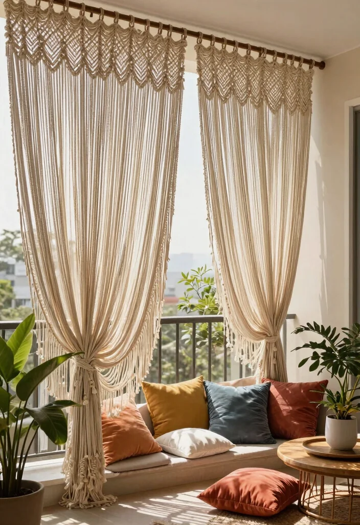 14 Curtains for Balcony Ideas That Block Sun Without Drilling - 10. DIY Macrame Curtains 1