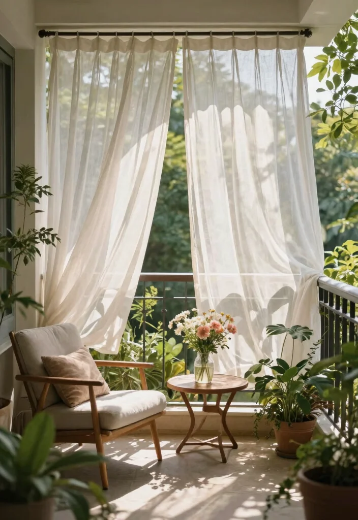 14 Curtains for Balcony Ideas That Block Sun Without Drilling - 3. Sheer Muslin Panels 1