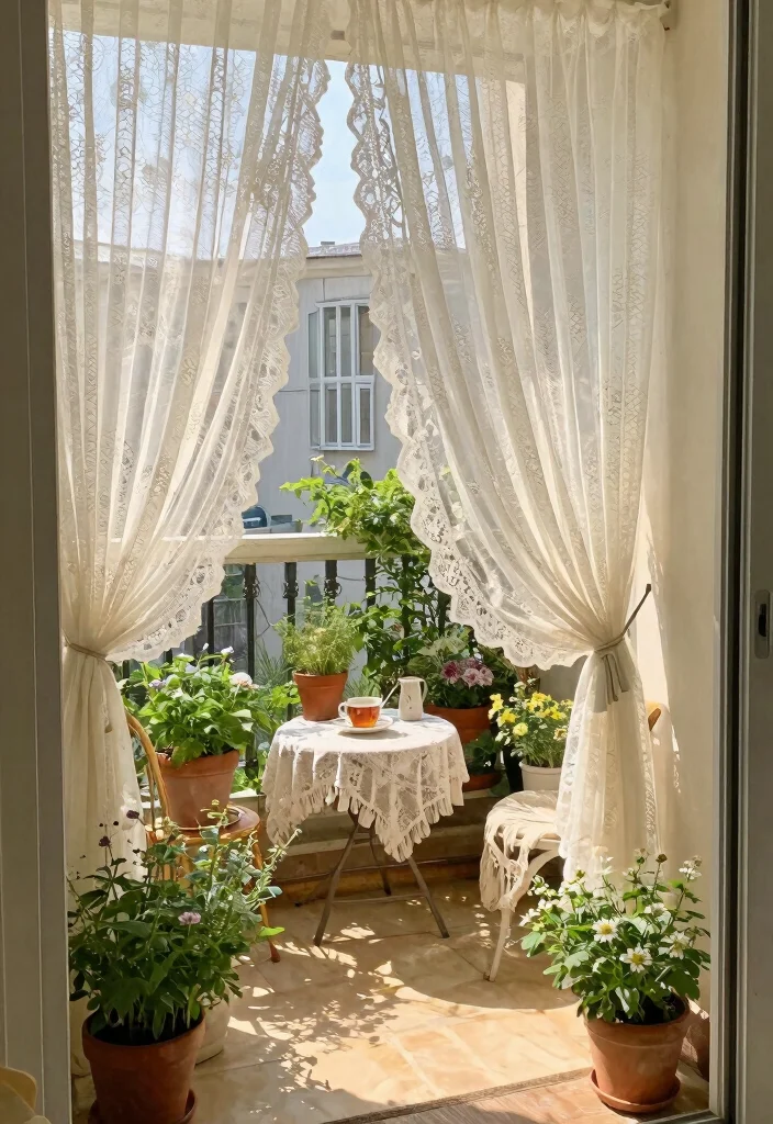 14 Curtains for Balcony Ideas That Block Sun Without Drilling - 6. Vintage Lace Curtains 1