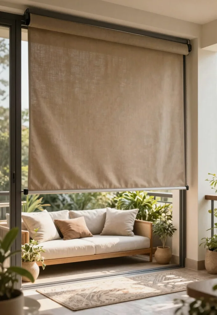 14 Curtains for Balcony Ideas That Block Sun Without Drilling - 8. Roller Shades with Fabric 1