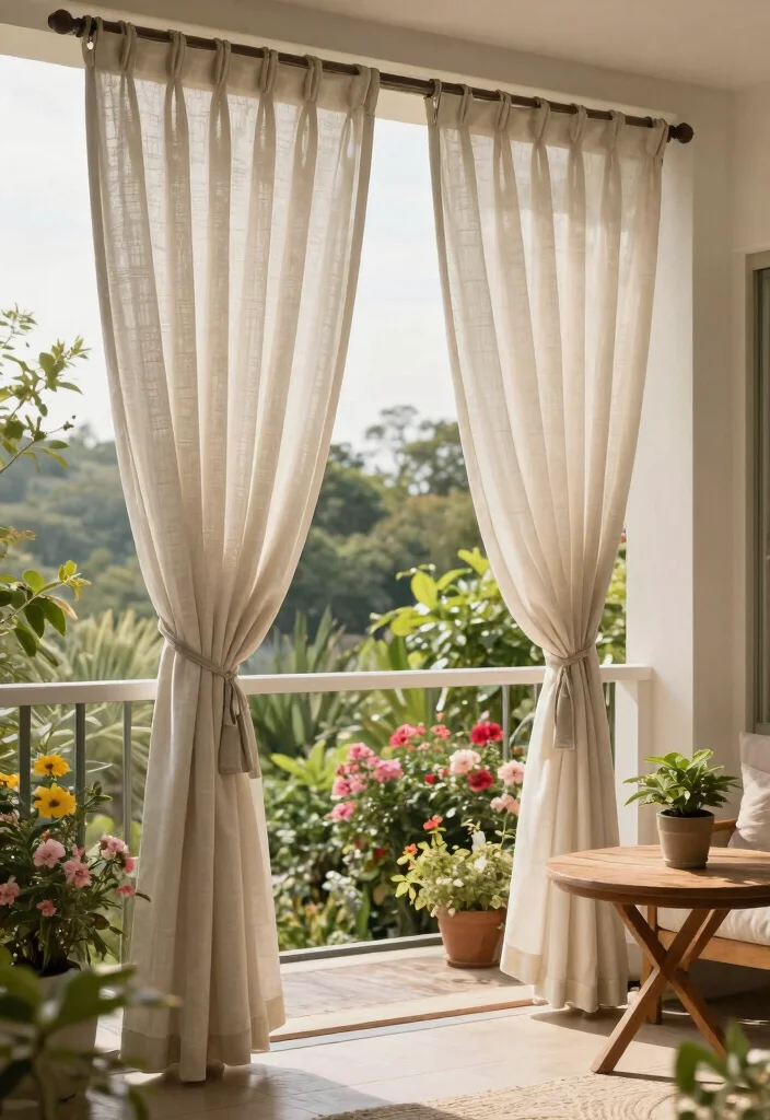 14 Curtains for Balcony Ideas That Block Sun Without Drilling - 9. Outdoor Curtains with Loop Ties 1