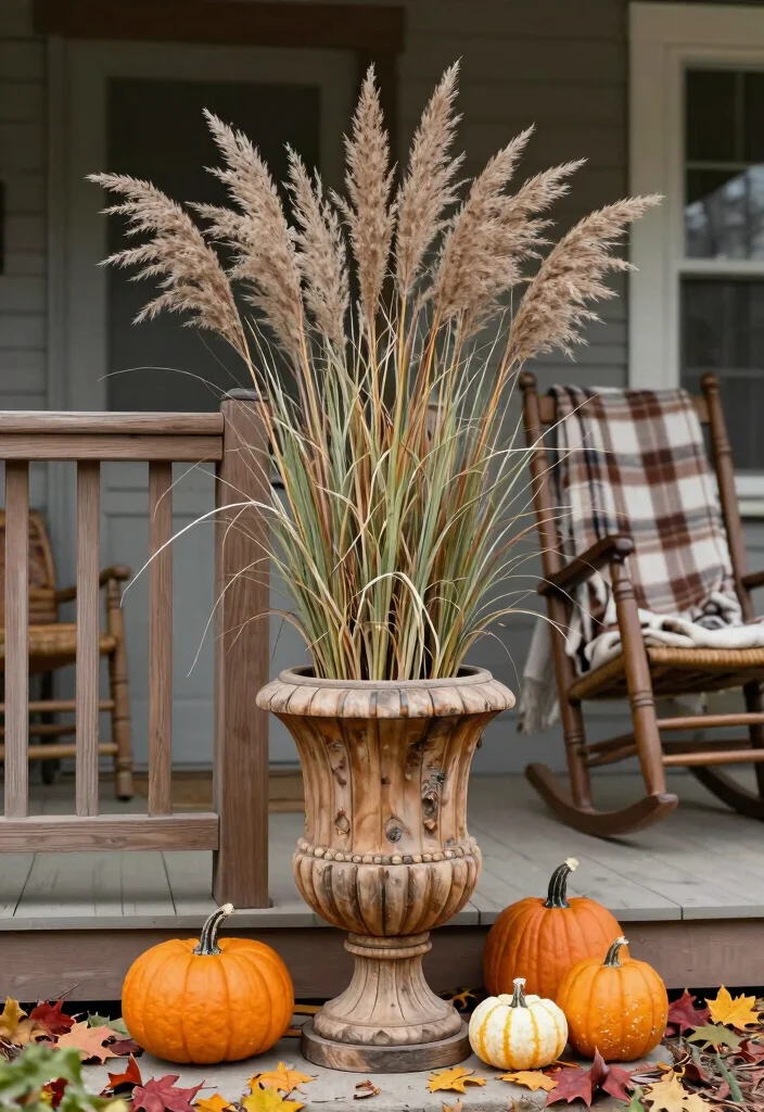 14 Fall Urns for Front Porch That Last Through First Frost - 1. Rustic Wooden Urn with Dried Grasses 1