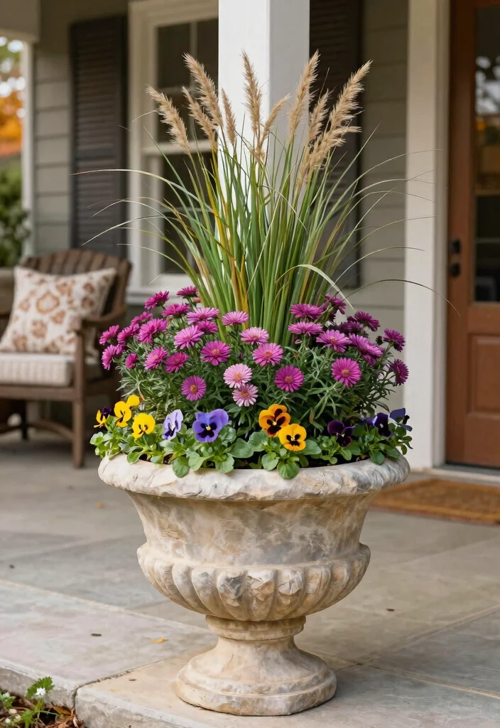 14 Fall Urns for Front Porch That Last Through First Frost - 10. Layered Planter with Seasonal Texture 1